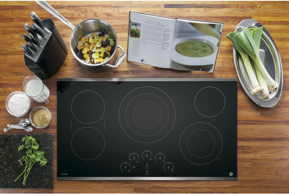 GE PP9036SJSS 36 Inch Electric Cooktop with 5 Radiant Elements, Bridge
