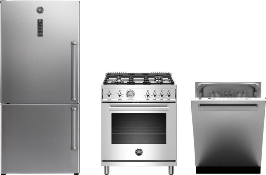 Bertazzoni BERPRO30V3 5 Piece Kitchen Appliances Package with Bottom Freezer Refrigerator, Gas